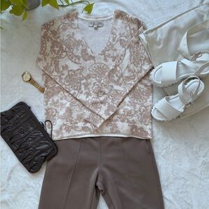 LOFT Beige Floral V‑Neck Sweater
